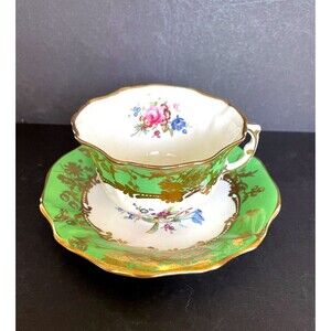 Vintage Hammersley Fine Bone China England Teacup & Saucer Set Green Gold Floral